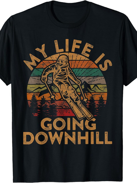 Men's Graphic T-Shirt My Life Is Going Downhill Retro Sunset With Mountains Trees And Skiing Person