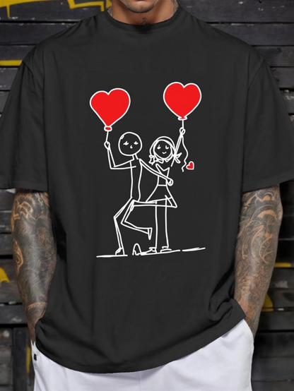 Men's Graphic T-Shirt Playful Red Heart Balloons With Cute Loving Couple Drawing