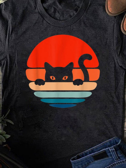 Men's Graphic T-Shirt Playful Black Cat Peeking Over Colorful Retro Sunset Horizon