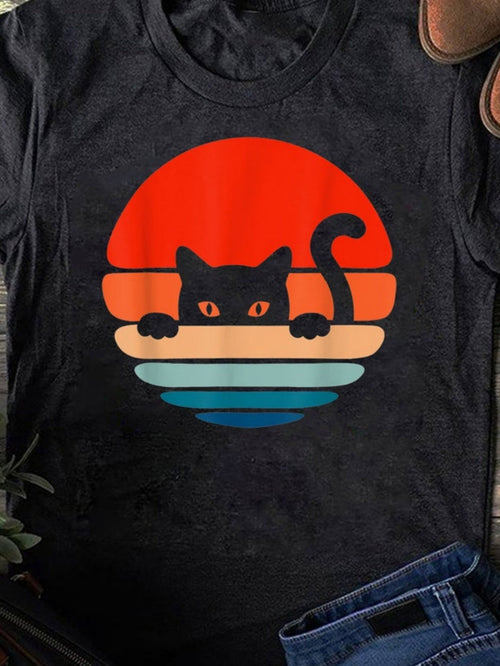 Men's Graphic T-Shirt Playful Black Cat Peeking Over Colorful Retro Sunset Horizon