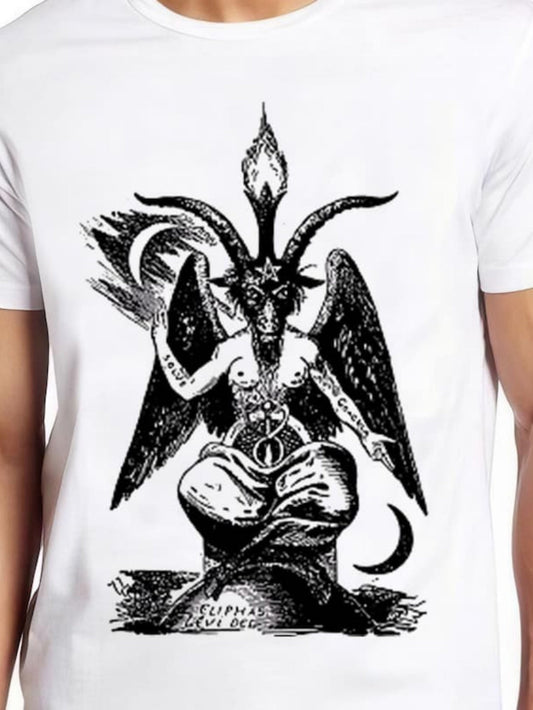 Men's Graphic T-Shirt Mythical Dark Figure With Wings Flames And Crescent Symbols Goat