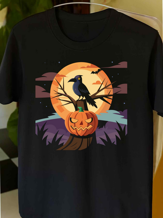 Men's Graphic T-Shirt Full Moon Night With Spooky Trees And Raven Perched On Pumpkin