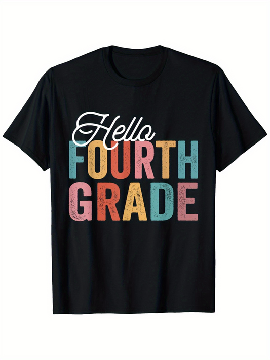 Men's Graphic T-Shirt Hello Fourth Grade Colorful Block Letters On Classic Cotton T Shirt