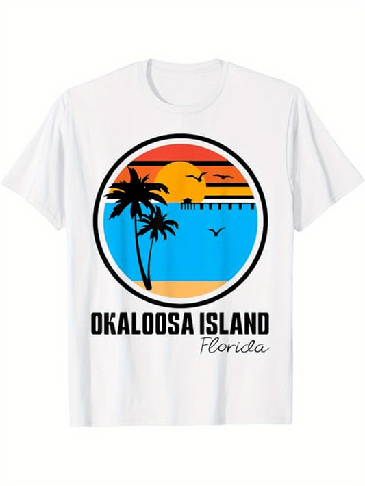 Men's Graphic T-Shirt Okaloosa Island Sunset Pier With Palm Trees And Flying Birds
