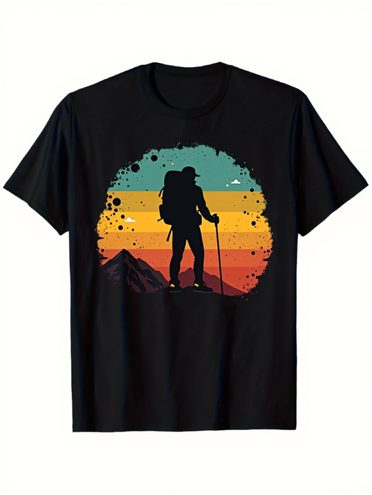 Men's Graphic T-Shirt Vintage Rainbow Mountain Sunset With Silhouette Hiking Backpacker