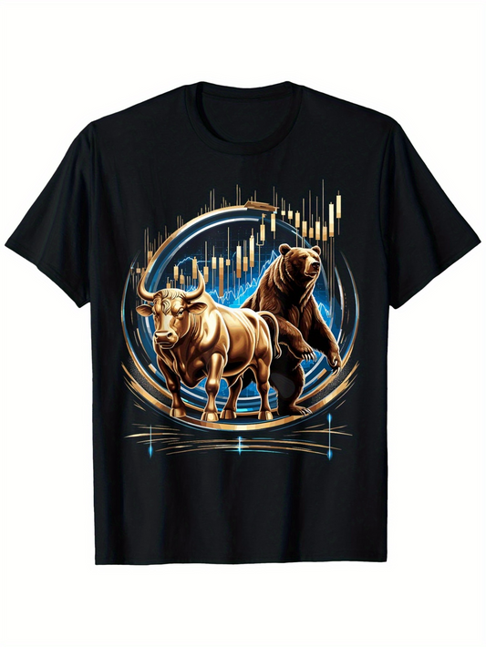 Men's Graphic T-Shirt Golden Bull And Fierce Bear With Rising Stock Chart Surrounded By Neon Light