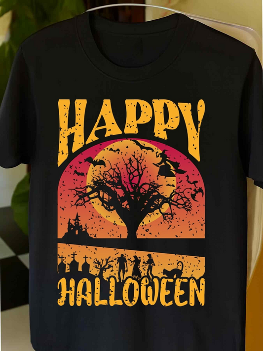 Men's Graphic T-Shirt Happy Halloween Spooky Silhouette Parade Under Orange Sunset Tree