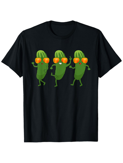 Men's Graphic T-Shirt Playful Dancing Green Cucumbers With Orange Sunglasses On Black T Shirt
