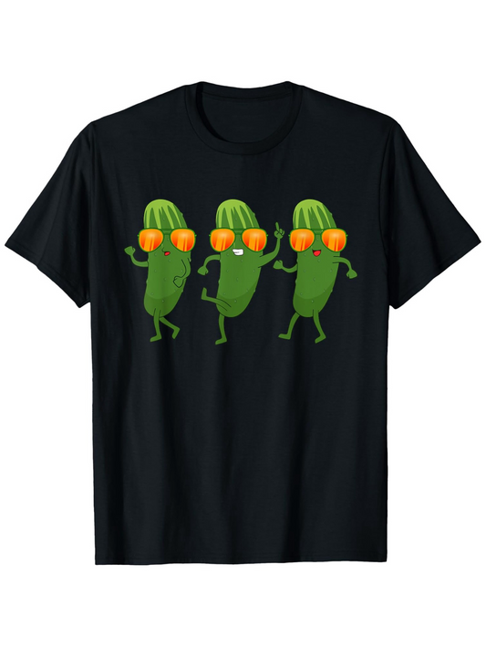 Men's Graphic T-Shirt Playful Dancing Green Cucumbers With Orange Sunglasses On Black T Shirt