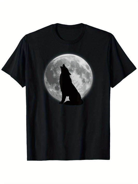 Men's Graphic T-Shirt Night Sky With Glowing Moon And Howling Wolf Silhouette Under Darkness Wolf