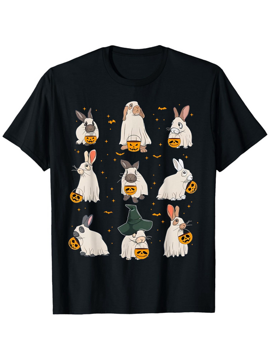 Men's Graphic T-Shirt Cute Rabbits Wearing Spooky Costumes Holding Halloween Pumpkins