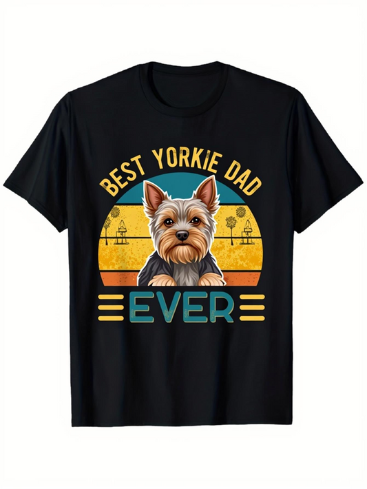 Men's Graphic T-Shirt Best Yorkie Dad Ever With Vintage Stripes And Adorable Puppy Dog