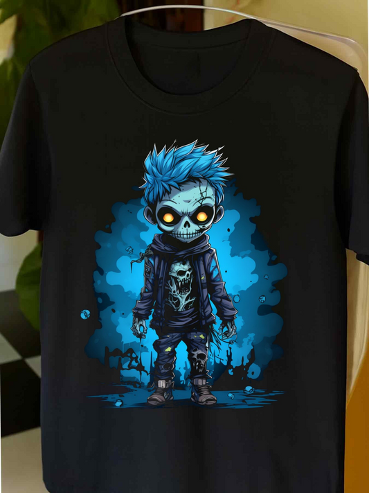 Men's Graphic T-Shirt Neon Blue Street Night With Urban Graffiti And Mysterious Little Skeleton Boy