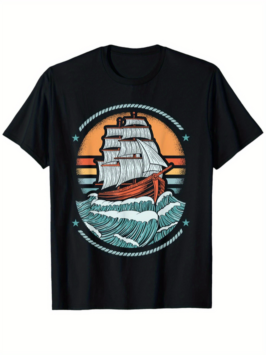 Men's Graphic T-Shirt Sunset Orange With Rolling Sea Waves Old Fashioned Sailing Ship