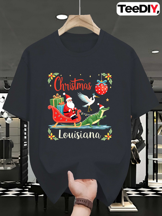 Men's Graphic T-Shirt Christmas Gifts And Santa Sleigh With Festive Alligator Louisiana