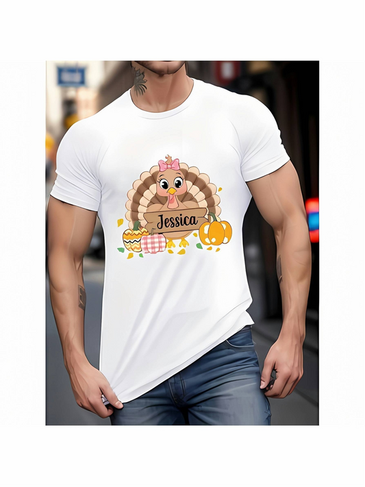 Men's Graphic T-Shirt Jessica Colorful Pumpkins And Checkered Patterns Surrounding A Cute Turkey