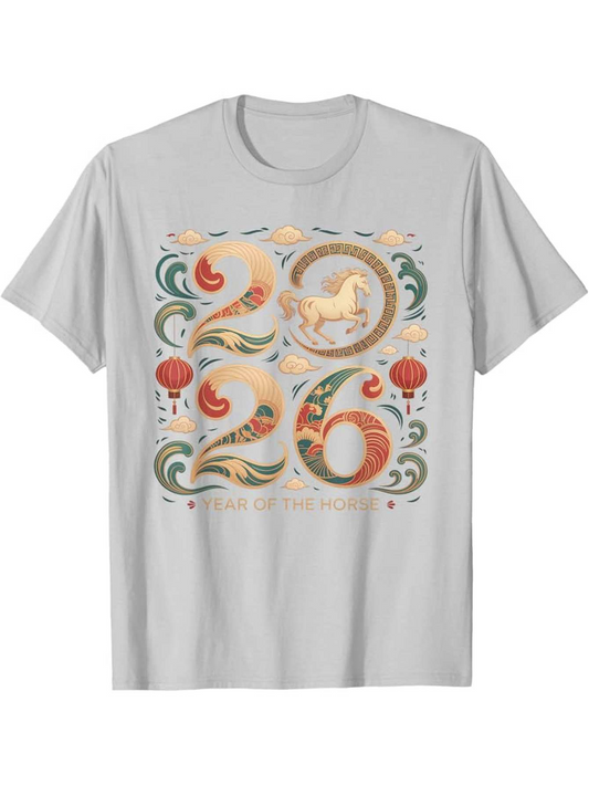 Men's Graphic T-Shirt 2026 Lunar Pattern With Decorative Lanterns And Leaping Horse
