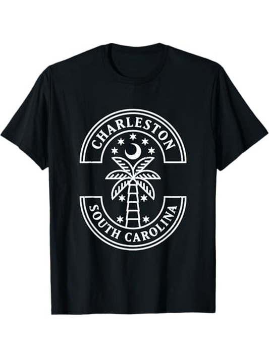Men's Graphic T-Shirt Charleston Under Crescent Moon Surrounded By Stars With Palm Tree