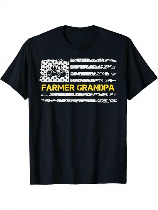 Men's Graphic T-Shirt Farmer Grandpa Bold Yellow Stripe With Tractor And Distressed American Flag