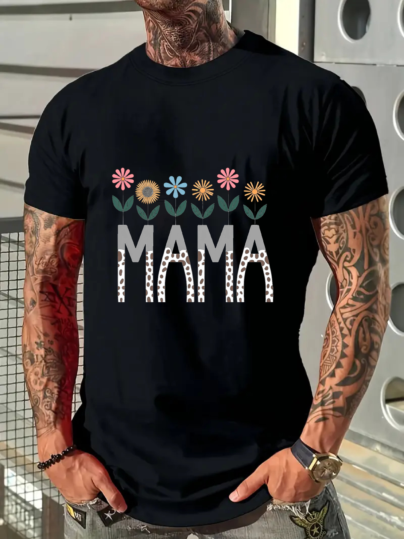 Men's Graphic T-Shirt Mama With Pastel Spring Flowers Under Boho Retro Letters