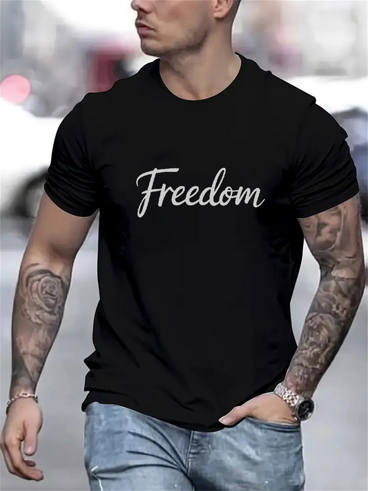 Men's Graphic T-Shirt Freedom Simple Script On Casual Black Cotton T Shirt