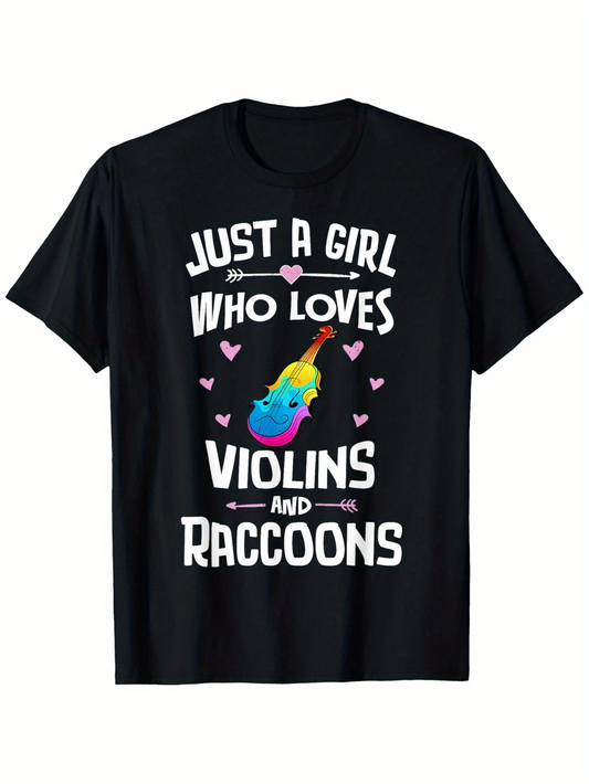 Men's Graphic T-Shirt Just A Girl Who Loves Vibrant Cartoon Style Raccoon With Hearts Violins And Raccoons