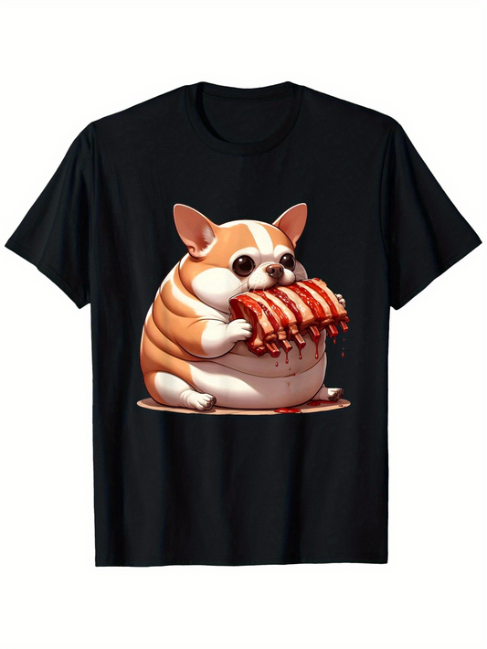 Men's Graphic T-Shirt Adorable Cartoon Corgi Eating Juicy Ribs On Plate Dog