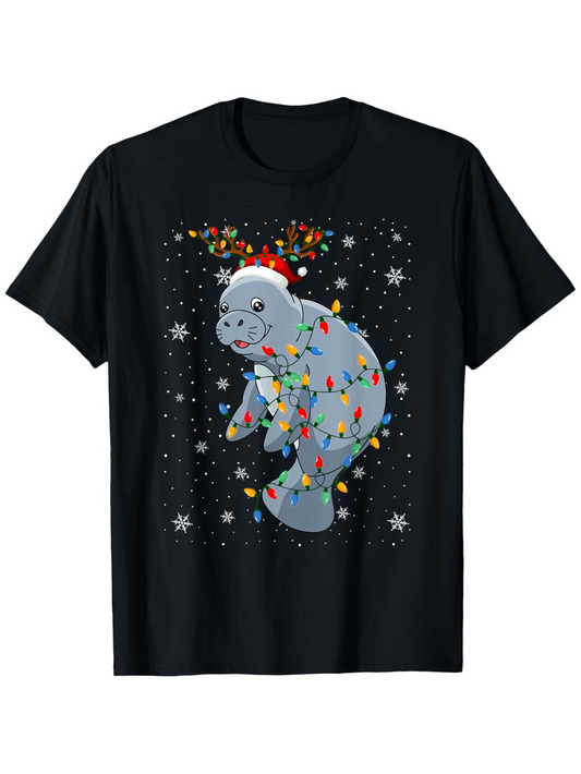 Men's Graphic T-Shirt Festive Holiday Lights With Sparkling Winter Snow Surrounding A Happy Manatee