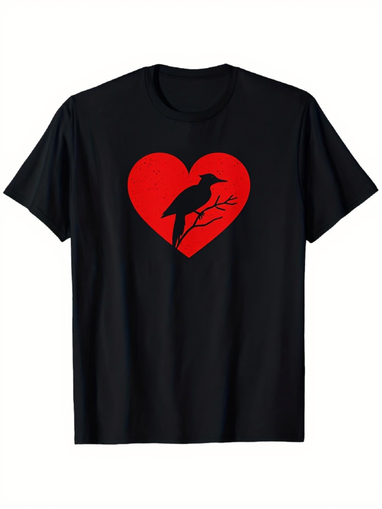 Men's Graphic T-Shirt Red Heart With Perched Crow On Bare Tree Branch