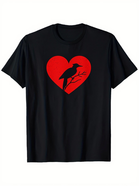 Men's Graphic T-Shirt Red Heart With Perched Crow On Bare Tree Branch