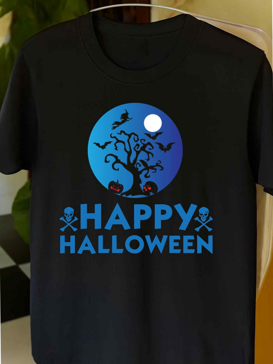 Men's Graphic T-Shirt Happy Halloween Spooky Night With Pumpkins Bats And Creepy Tree