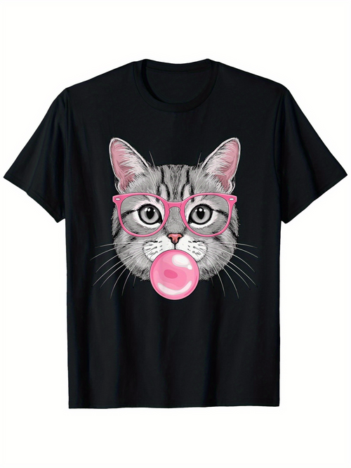 Men's Graphic T-Shirt Adorable Gray Cat Face With Pink Glasses Blowing Bubblegum