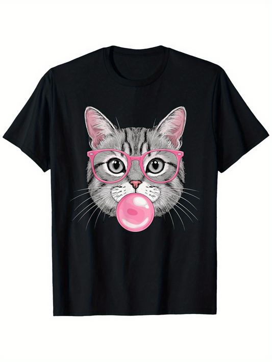 Men's Graphic T-Shirt Adorable Gray Cat Face With Pink Glasses Blowing Bubblegum