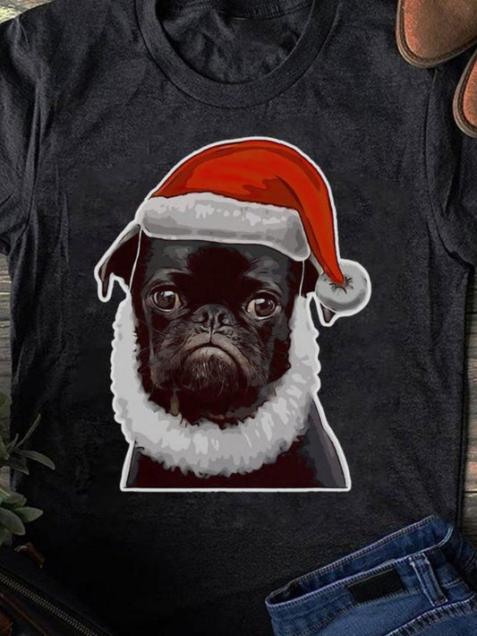 Men's Graphic T-Shirt Festive Holiday Spirit With Santa Hat On Grumpy Black Pug Dog