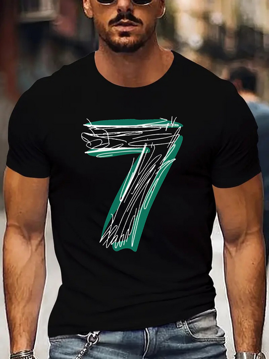 Men's Graphic T-Shirt Bold Graphic Number Seven With Artistic Green And White Painted Accents
