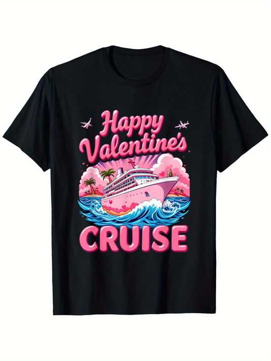 Men's Graphic T-Shirt Happy Valentines Cruise With Airplanes Pink Waves And Ocean Liner