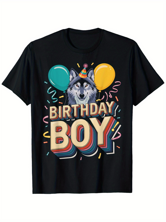 Men's Graphic T-Shirt Birthday Boy Colorful Balloons With Confetti And Wolf Wearing Party Hat