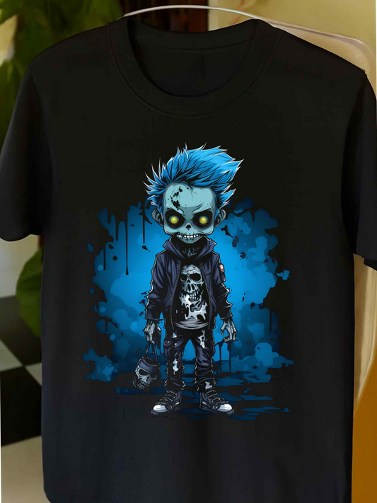Men's Graphic T-Shirt Electric Blue Spray Paint Among Neon Clouds Standing Punk Skeleton