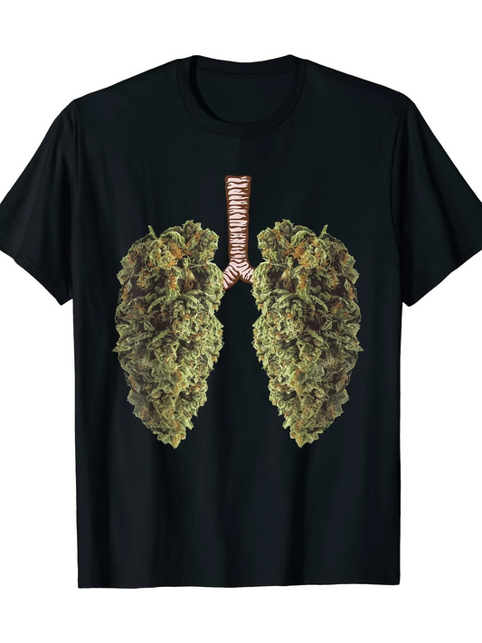 Men's Graphic T-Shirt Lifelike Green Herb Clusters Depicting Anatomical Human Lungs On Black T Shirt