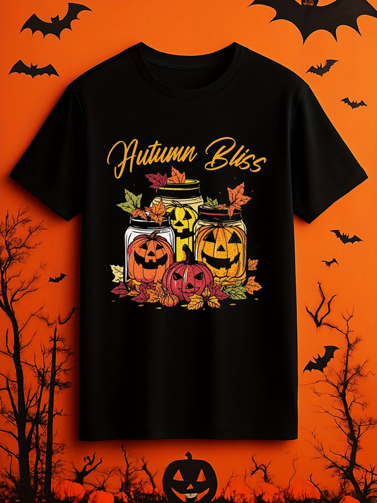 Men's Graphic T-Shirt Autumn Bliss Glowing Lanterns Surrounded By Autumn Leaves And Pumpkins Jack OLantern
