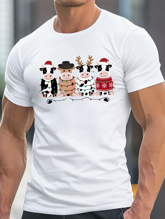 Men's Graphic T-Shirt Holiday Spirit With Cows Wearing Festive Christmas Costumes And Accessories