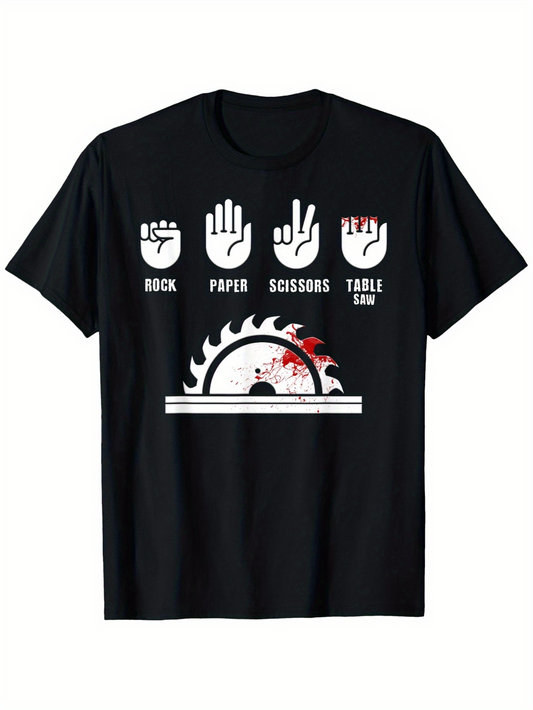 Men's Graphic T-Shirt Rock Paper Scissors Table Saw With Funny Bloody Hand Graphic