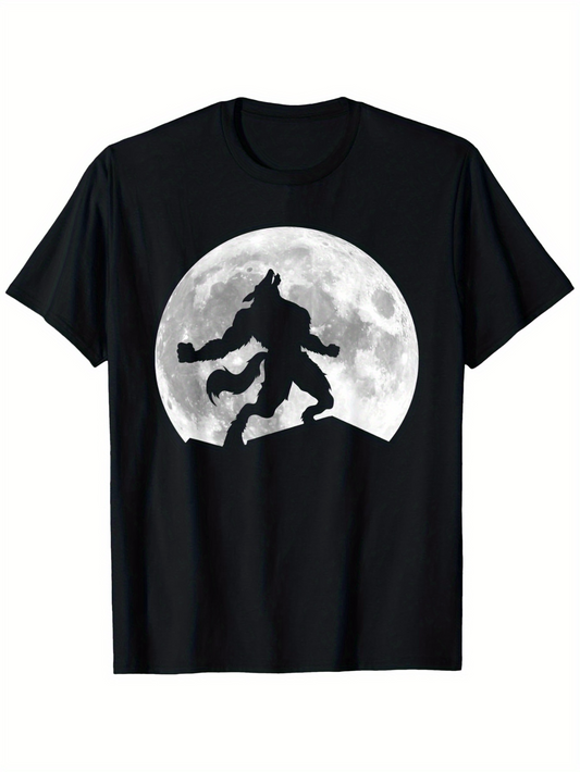 Men's Graphic T-Shirt Full Moon Silhouette With Howling Lone Wolf Standing Elevated