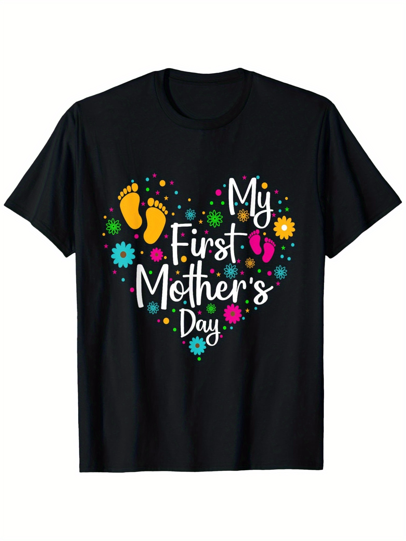 Men's Graphic T-Shirt My First Mothers Day Colorful Dotted Heart With Baby Footprints And Flowers Shirt