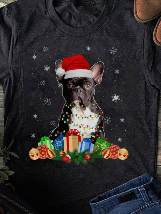 Men's Graphic T-Shirt Festive Black French Bulldog With Christmas Presents And Santa Hat