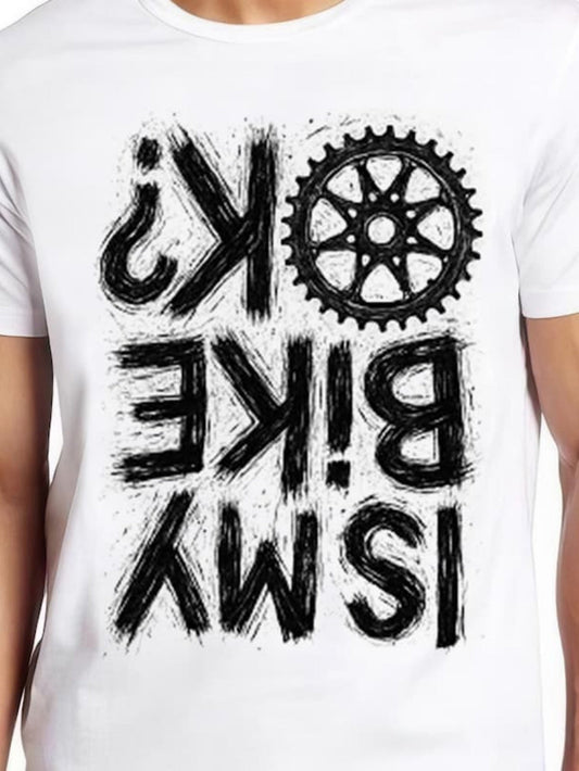 Men's Graphic T-Shirt Is My Bike Ok With Grunge Gear Wheel Artwork Question Mark