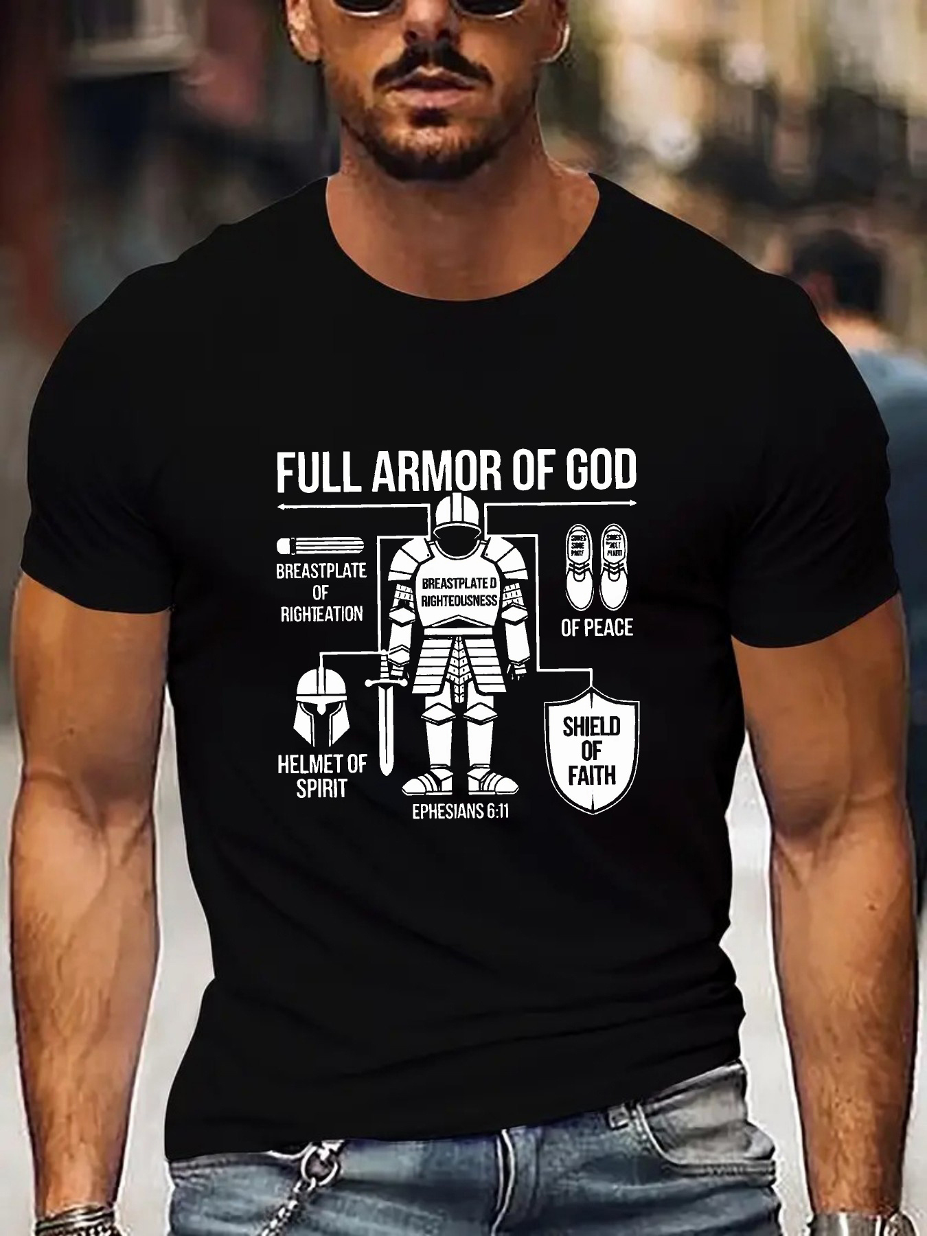 Men's Graphic T-Shirt Full Armor Of God Diagram With Text Labels And Ancient Knight Figure