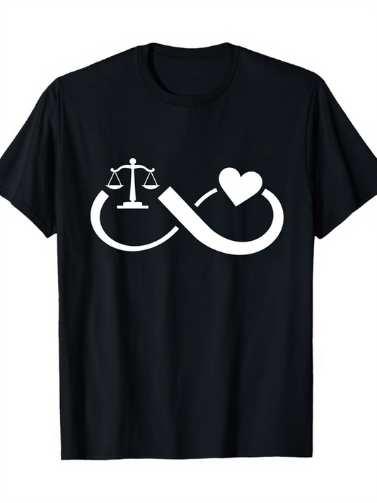 Men's Graphic T-Shirt Infinity Line With Heart And Justice Scale On Black Shirt