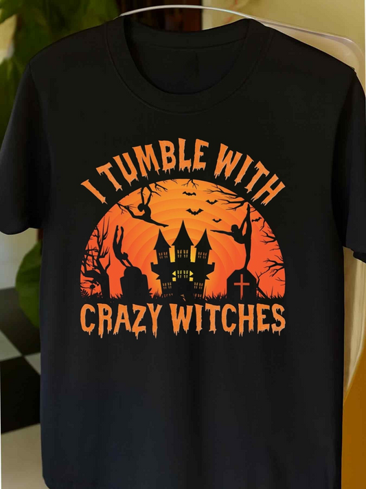 Men's Graphic T-Shirt I Tumble With Crazy Witches Haunted Castle Under Bats And Bare Trees