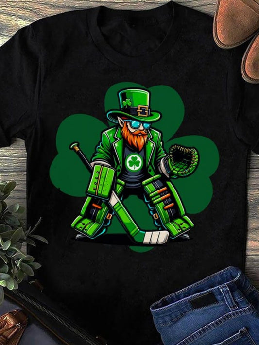 Men's Graphic T-Shirt Lucky Green Ice Field Clover And Hockey Goalie
